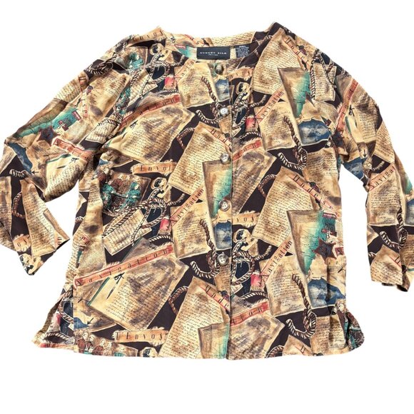 Auqust Silk Petites Vintage Navigation theme Long Sleeve Button-up Blouse Sz PS - Picture 10 of 13